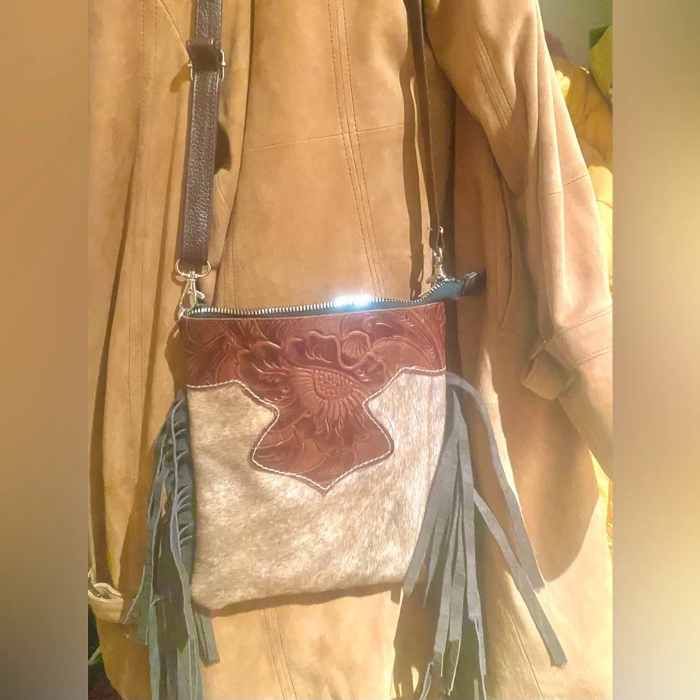 Genuine Cowhide Hair Embossed Leather Western Fringe Crossbody Boho Purse